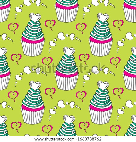 Vector graphic of the various sweets and desserts decorated into seamless pattern. Valentine's day seamless pattern of hearts and cupcakes. Beautiful abstract pattern with Valentine's day seamless