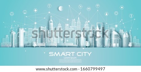 Technology wireless network communication smart city and icon with architecture in Saudi Arabia downtown skyscraper on blue background, Vector illustration futuristic green city and panorama view. Royalty-Free Stock Photo #1660799497