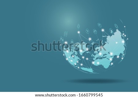 Technology wireless network globe communications system with world map.  Point and line composition concept. Global business communication internet network line icon, Vector illustration background.