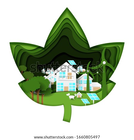 Eco green city with photovoltaic panels wind turbines in leaf. Paper cut eco friendly vector illustration. Concept for environment conservation, green energy, thinking about planet future.