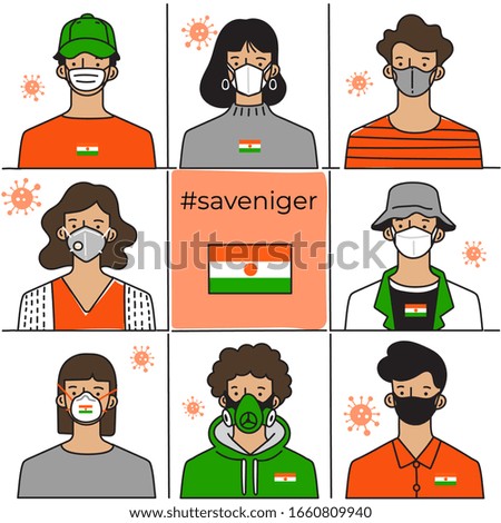 Set of men and women wearing medical mask preventing air pollution and virus with national flag : Niger : Vector Illustration
