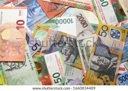 Various international money collections as background