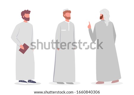 Muslim man talk to each other. Arabian business man wearing traditional clothes. Arabian man in different suit and traditional clothes. Man wearing headscarf. Islam religion. Vector illustration