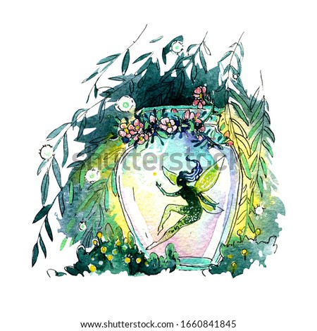 Magic glow. Fairy in a jar with flowers and lights. Watercolor illustration, handmade.