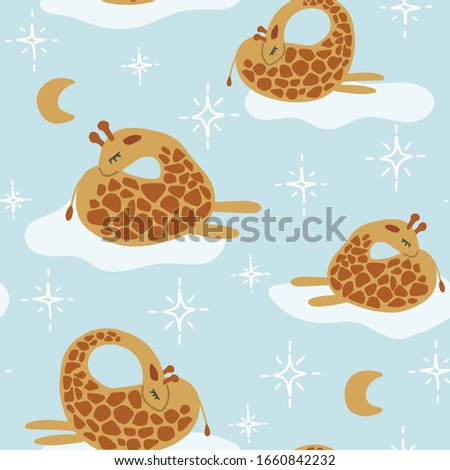 Baby bedding textile seamless pattern with vector sleeping African giraffe isolated clipart on a blue background with clouds, moon and stars. Animal and nature clip art styled as repeat design.