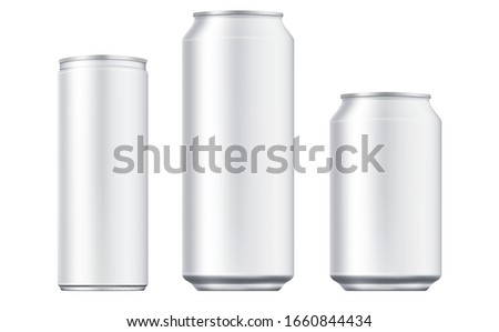 Vector aluminium beer and slim soda can mock up blank template. Juice, soda, beer jar blank isolated on white background. Aluminum can for design. Realistic aluminum cans. Royalty-Free Stock Photo #1660844434