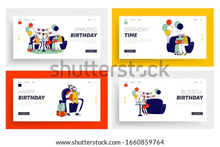 First Baby Party Celebration Website Landing Page Set.Family of Parents and Child in Room Decorated with Air Balloons. Sweet Life Moment Web Page Banner. Cartoon Flat Vector Illustration Linear