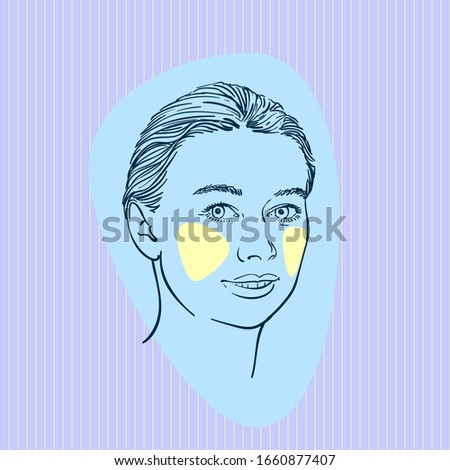 Sketch of pretty woman head with yellow cheeks on blue abstract streamlined shape on violet striped square, Hand drawn vector illustration