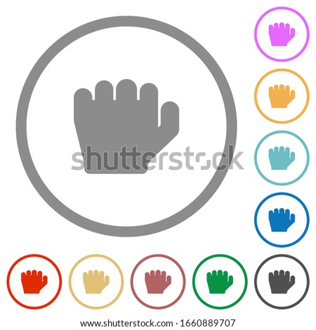 Left handed grab gesture flat color icons in round outlines on white background