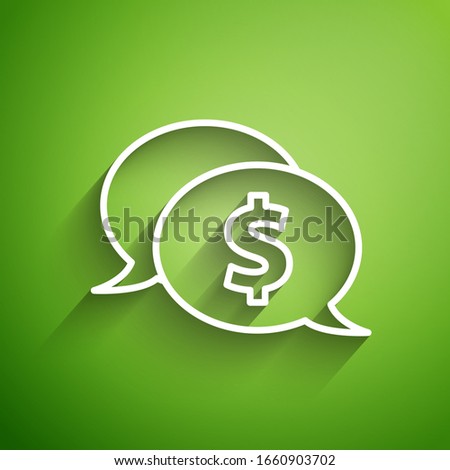 White line Speech bubble with dollar icon isolated on green background. Badge for price. Sale with dollar symbol. Promo tag discount.  Vector Illustration