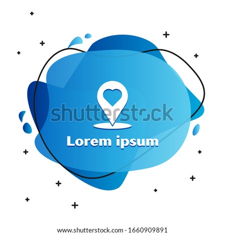 White Map pointer with heart icon isolated on white background. Valentines day. Love location. Romantic map pin. Abstract banner with liquid shapes. Vector Illustration