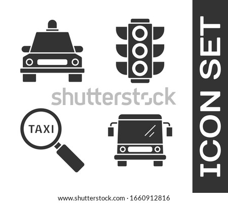 Set Bus, Taxi car, Magnifying glass and taxi car and Traffic light icon. Vector