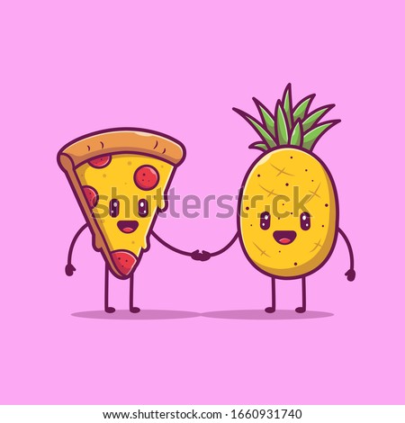 Pizza And Pineapple Cute Character Vector Icon Illustration. Love Couple Food Mascot, Food Icon Concept White Isolated. Flat Cartoon Style Suitable for Web Landing Page, Banner, Sticker, Background