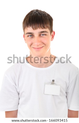 Teenager with Empty Badge Isolated on the White Background