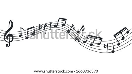 Music note wave. Notes background, musical poster. Isolated abstract stave, treble clef and sound icons. Vector soundtrack illustration Royalty-Free Stock Photo #1660936390