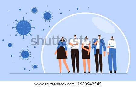 Group of people is standing in a protective bubble. Young men and women in medical masks are protected from the 2019-nCoV flying coronavirus. The concept of the fight against the new virus COVID-2019 Royalty-Free Stock Photo #1660942945