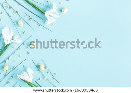 Flowers composition. Spring flowers, easter eggs on blue background. Spring, easter concept. Flat lay, top view