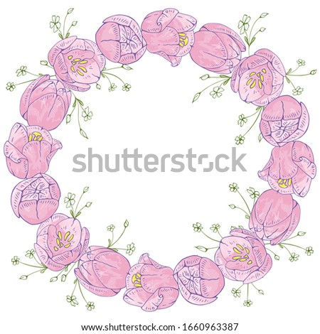 Wreath with pink flowers tulips and gypsophila. Festive element for spring design season. Frame in a romantic style. Round garland for cards, congratulations, various design, print.