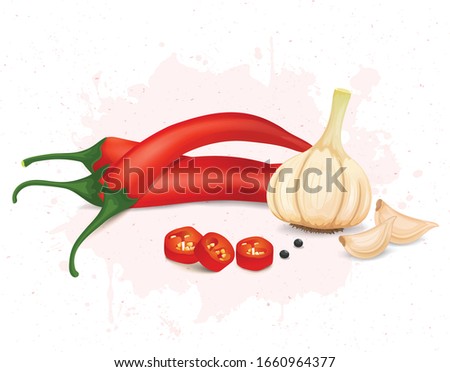 Red chilli vegetable with Garlic and garlic cloves vector illustration Royalty-Free Stock Photo #1660964377