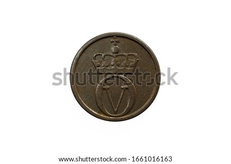 Reverse of Norway coin 10 ore 1961 with monogram of king Olaf V.