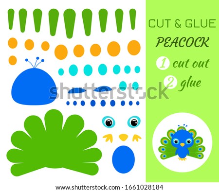 Cut and glue baby peacock. Color paper application game. Educational paper game for preschool children. Cartoon character. Flat vector stock illustration.