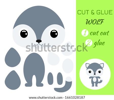 Cut and glue baby wolf. Color paper application game. Educational paper game for preschool children. Cartoon character. Forest animal. Flat vector stock illustration.