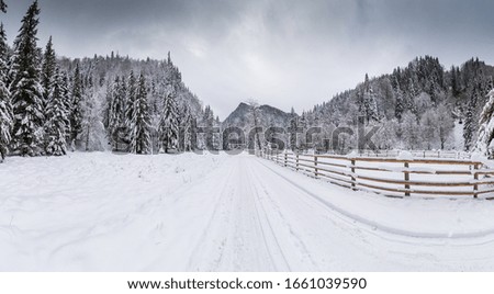 Winter road through the mountains with deep snow during a winter day in Romania