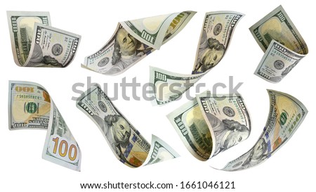 Flying money 100 dollar bank note isolated on white background. This has clipping path.  Royalty-Free Stock Photo #1661046121