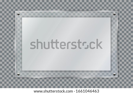 Blank poster in 3d realistic glass frame hanging on wall isolated on transparent background. Empty photo frame template, banner plexiglass holder mock-up, rectangular name plate - stock vector Royalty-Free Stock Photo #1661046463