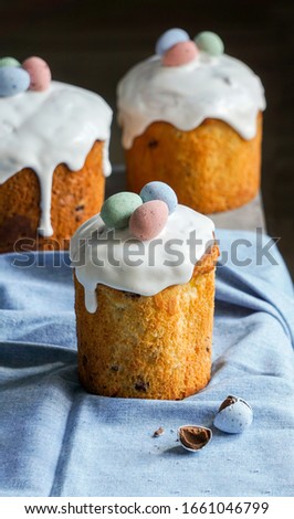 Easter traditional orthodox sweet bread, kulich. Easter holidays breakfast. eggs