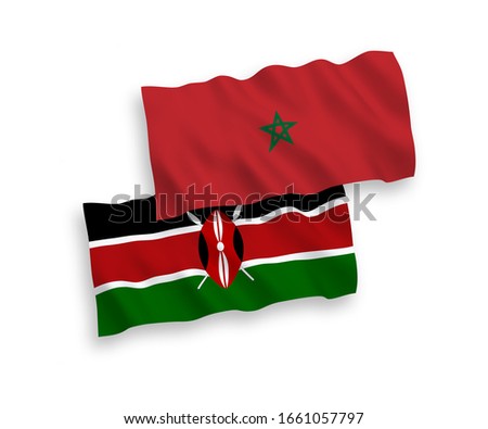 National vector fabric wave flags of Morocco and Kenya isolated on white background. 1 to 2 proportion.