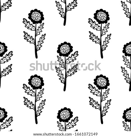 Set of flat flower icons in silhouette isolated on white. Simple retro designs in black and white.