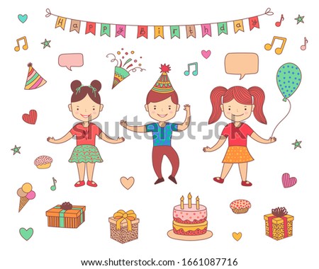Kids Birthday party celebration. Happy boy dancing with friends girls. Elements set. Cake, air balloon, gift, present box, candy. Vector colorful doodle illustration isolated on white background