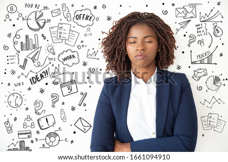 Hand drawn business pics with woman relaxing with closed eyes. Portrait of young African American businesswoman standing with closed eyes isolated on white background. Professional occupation concept