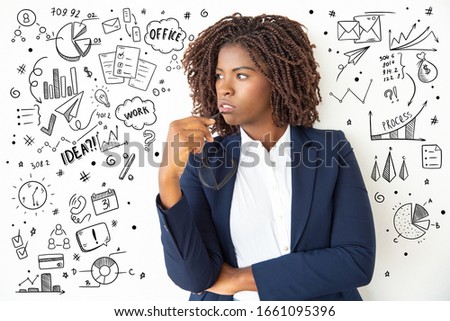 Hand drawn business pictures with woman holding eyeglasses. Young thoughtful African American businesswoman biting spectacles and looking away on white background. Business concept