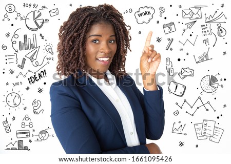 Hand drawn business pictures with cheerful woman pointing up. Happy young African American businesswoman pointing up with finger and smiling at camera. Idea concept
