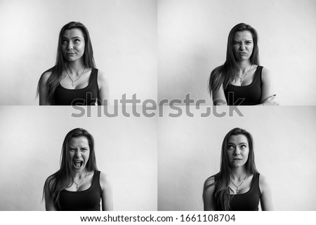 Set of black and white photo of young woman's portraits with different emotions. Young beautiful cute girl showing different emotions. Laughing, smiling, anger, suspicion, fear, surprise.