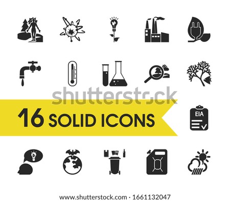 Environment icons set with explore nature, atomic energy and flasks elements. Set of environment icons and climate concept. Editable elements for logo app UI design.