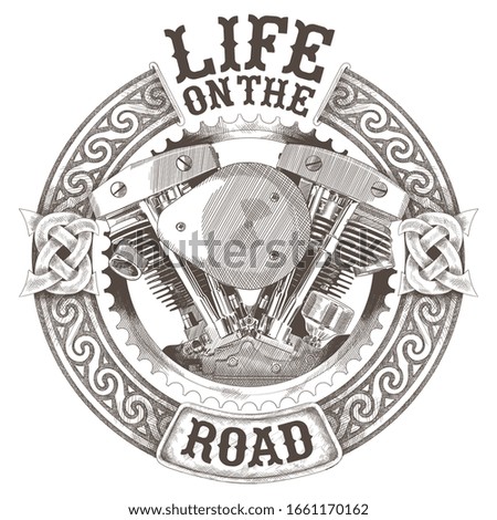 Motorcycle engines in a circular celtic national ornament and the inscription Life on the road isolated on a white background.