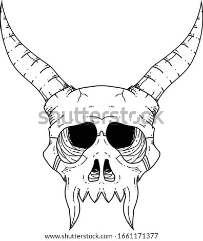 Skull with horn head doodle cartoon vector illustration for coloring book or tatto design