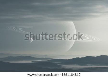 surreal landscape, planets above hills on morning sky, ring planet science fiction landscape