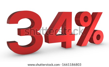 3D Shiny Red Number Thirty Four Percent 34% Isolated on White Background.