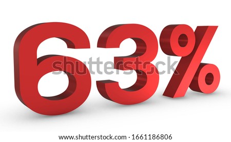3D Shiny Red Number Sixty Three Percent 63% Isolated on White Background.