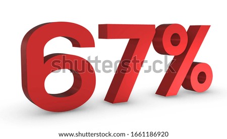 3D Shiny Red Number Sixty Seven Percent 67% Isolated on White Background.