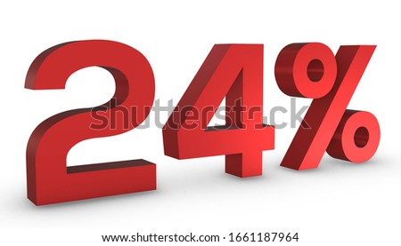 3D Shiny Red Number Twenty Four  Percent 24% Isolated on White Background.