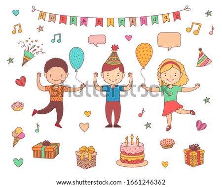 Kids Birthday party celebration. Happy boy dancing with friends. Cake, air balloons, gift, present box, cupcake, pie, firework, music. Vector colorful doodle illustration isolated on white background