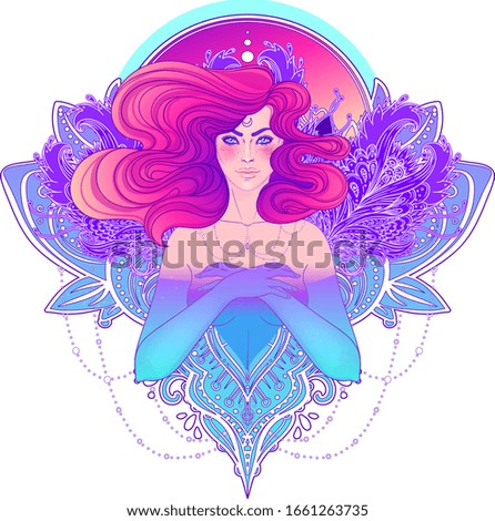 Pretty fairy elf. Portrait of young woman view with long hair. Pixie pagan princess. Vector isolated illustration. Fantasy, spirituality, occultism, tattoo. Art nouveau inspired. Sticker design.