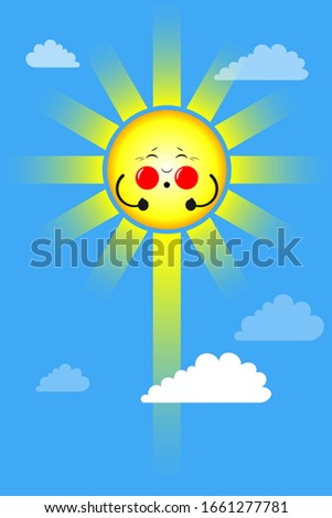 A small midday sun pushes, as on a toilet, and emits rays of light and heat. Tense arms, pouting cheeks, squinted eyes. Cute cartoon illustration, vector vertical orientation. Flat style.