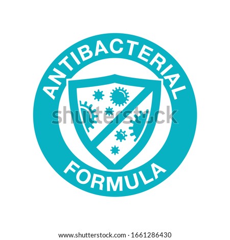 Antibacterial formula stamp - shield with crossed bacteries inside - vector isolated sign for antiseptic cosmetics and medical pharmaceutical products Royalty-Free Stock Photo #1661286430
