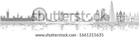 Vector illustration of London skyline in black and white sketch style Royalty-Free Stock Photo #1661315635